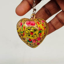 Load image into Gallery viewer, Saanjh Paper Mache Key Chain - Yellow Heart Shape - 1.5"