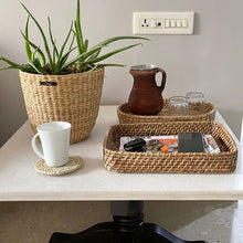 Lade das Bild in den Galerie-Viewer, Bohemian handmade natural fiber kauna and cane baskets planter tray trivet for home decoration and interior styling and housewarming gift present