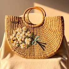 Lade das Bild in den Galerie-Viewer, White Flower Water Reed Handwoven Embroidered Handbag, Tiffin Bag