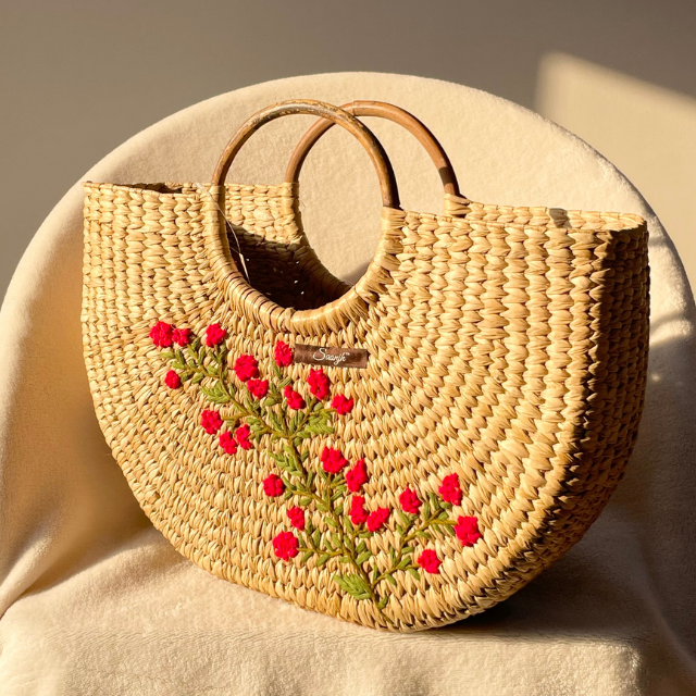 Red Stemmed Water Reed Handwoven Embroidered Handbag