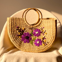 Lade das Bild in den Galerie-Viewer, Three Purple Flower Water Reed Handwoven Embroidered Handbag, Tiffin Bag