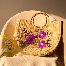 Lade das Bild in den Galerie-Viewer, Three Purple Flower Water Reed Handwoven Embroidered Handbag, Tiffin Bag