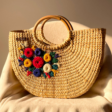 Lade das Bild in den Galerie-Viewer, Colourful Flowers Water Reed Handwoven Embroidered Handbag, Tiffin Bag