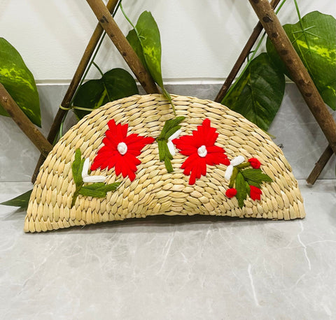 Wicker Straw Handwoven Clutch | Hand-embroidered | Saanjh Exclusive