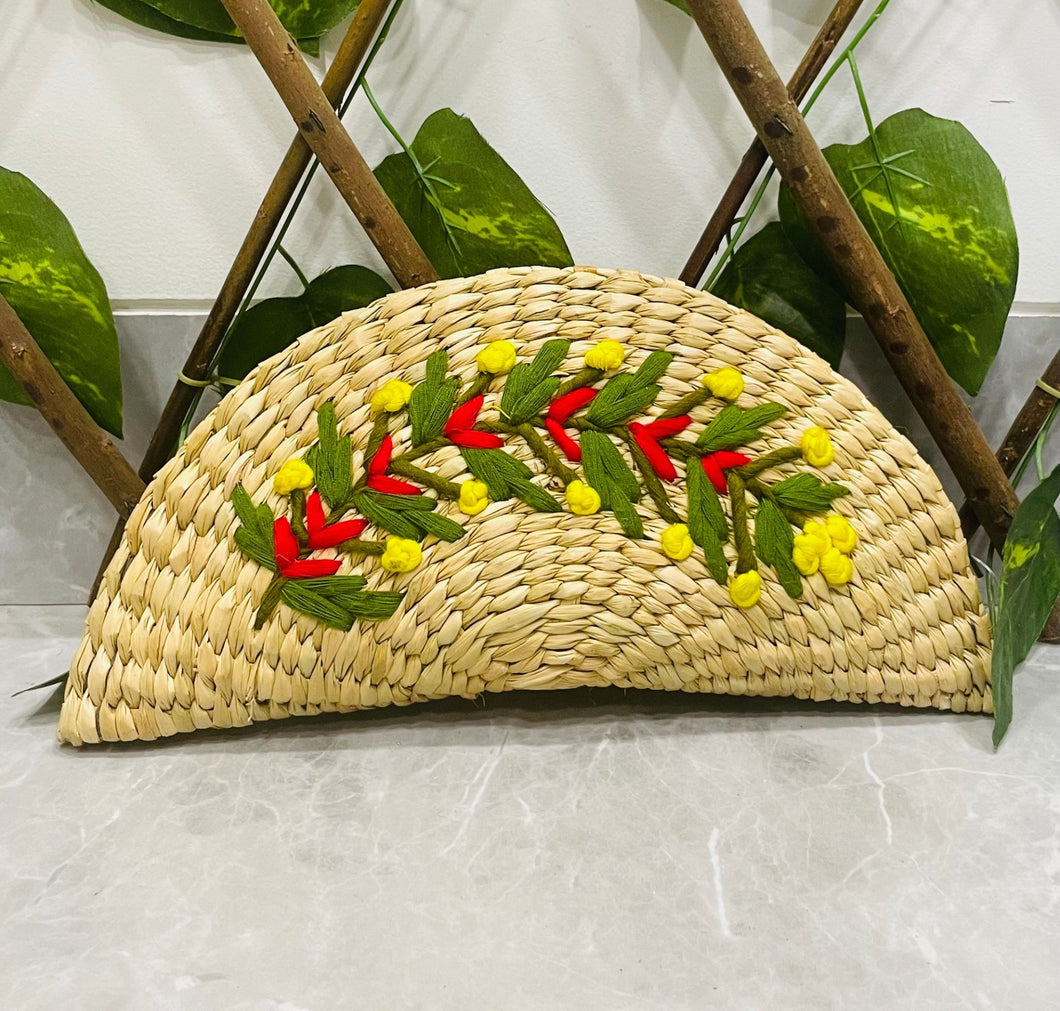 Wicker Straw Handwoven Clutch | Hand-embroidered | Saanjh Exclusive (BIG)