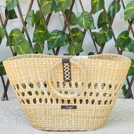 Golden Grass Alternate Weave Brunch Bag with Leather Detail | Indian Wicker Straw Beach Handbag, Tiffin Bag