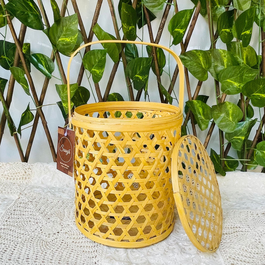 Bamboo Cane Handicraft Tall Gift Container Box with Lid and Handle