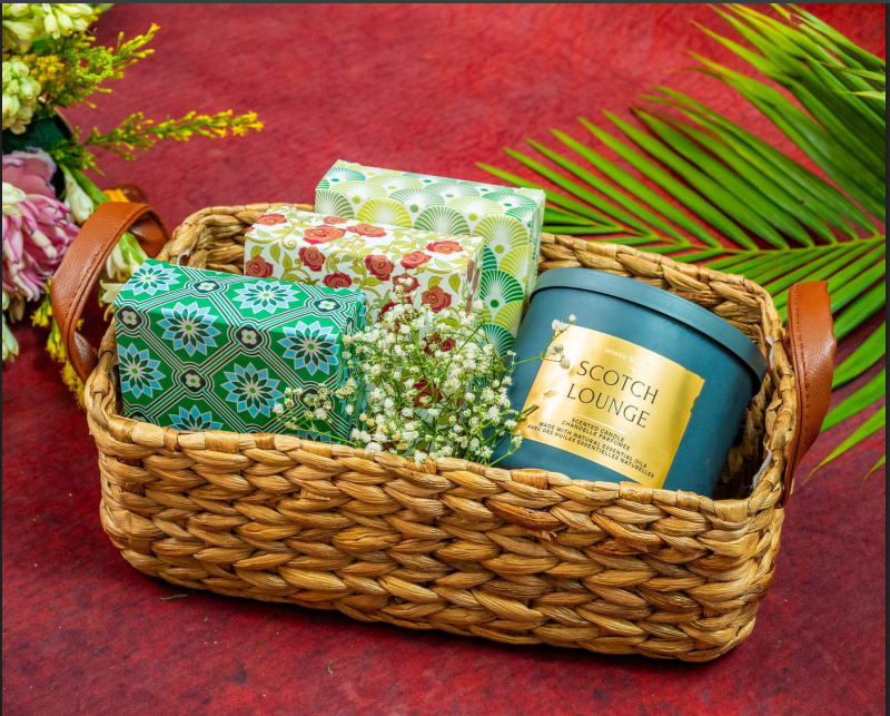 Saanjh Shaded Straw Rectangle Basket with Leather Handles