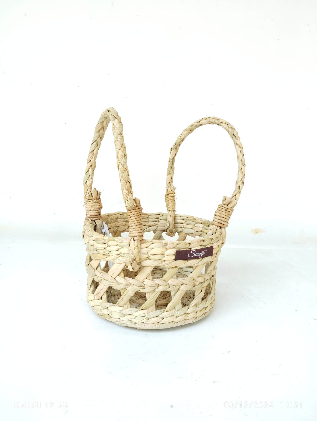 Saanjh Golden Grass Round Basket with Handles - Jhaali Design - 6*6*4 inch