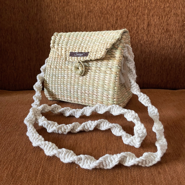 Neutral Straw Macrame Sling Bag | White