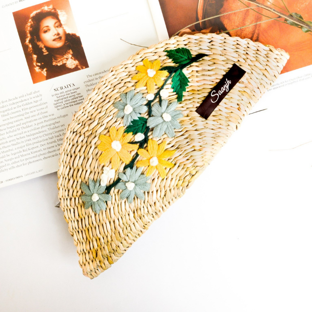 Kauna Straw Handwoven Clutch | Hand-embroidered | Saanjh Exclusive
