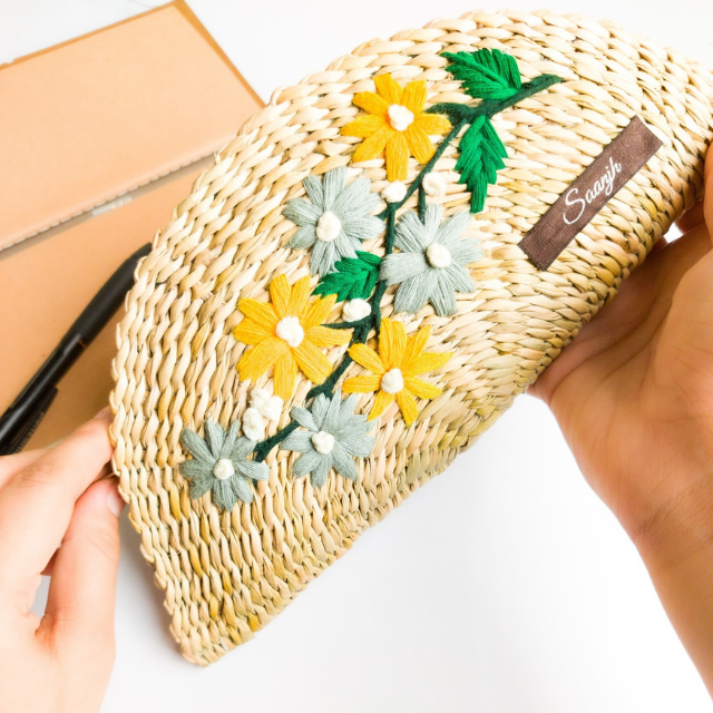 Kauna Straw Handwoven Clutch | Hand-embroidered | Saanjh Exclusive