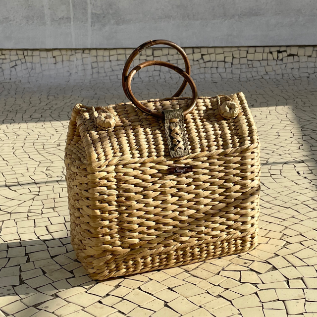Saanjh French Style Bamboo Picnic/Shopping Bag with Cane Handles