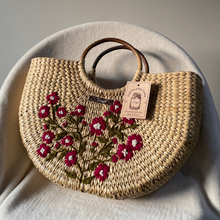 Load image into Gallery viewer, Maroon &amp; White Kauna Handwoven Embroidered Handbag, Tiffin Bag
