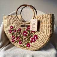 Maroon & White Kauna Handwoven Embroidered Handbag, Tiffin Bag