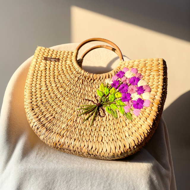 Purple & Pink Flowers Water Reed Handwoven Embroidered Handbag