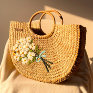 White Flower Water Reed Handwoven Embroidered Handbag, Tiffin Bag