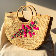Pink Arrange Water Reed Handwoven Embroidered Handbag, Tiffin Bag