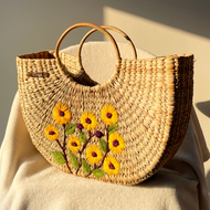Sunflower Water Reed Handwoven Embroidered Handbag, Tiffin Bag