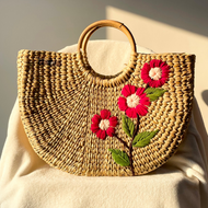 Red Flower Water Reed Handwoven Embroidered Handbag, Tiffin Bag