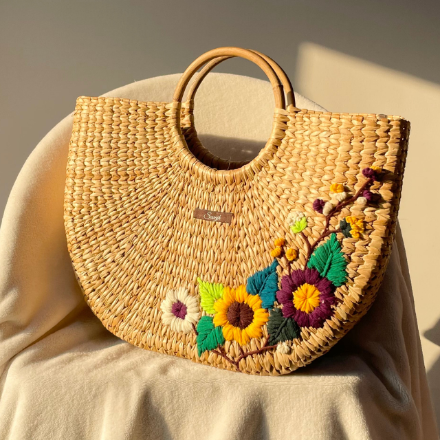 Multicolor Water Reed Handwoven Embroidered Handbag