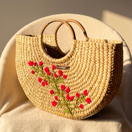 Red Stemmed Water Reed Handwoven Embroidered Handbag, Tiffin Bag