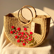 Red Bouquet Water Reed Handwoven Embroidered Handbag, Tiffin Bag