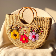 Three Flower Water Reed Handwoven Embroidered Handbag, Tiffin Bag