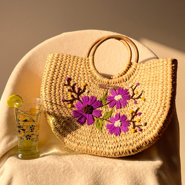 Three Purple Flower Water Reed Handwoven Embroidered Handbag