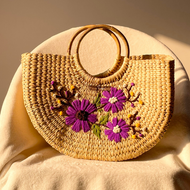 Three Purple Flower Water Reed Handwoven Embroidered Handbag, Tiffin Bag