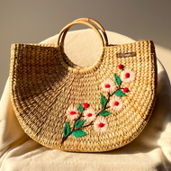 Curly Water Reed Handwoven Embroidered Handbag, Tiffin Bag