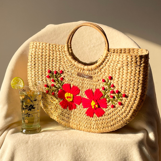 Smile U-Shape Water Reed Handwoven Embroidered Handbag
