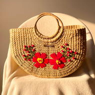 Smile U-Shape Water Reed Handwoven Embroidered Handbag, Tiffin Bag