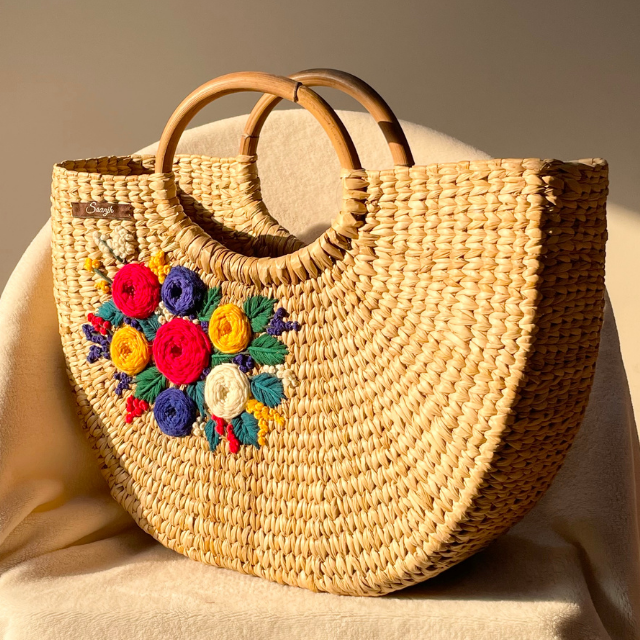 Colourful Flowers Water Reed Handwoven Embroidered Handbag