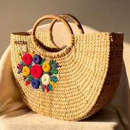 Colourful Flowers Water Reed Handwoven Embroidered Handbag, Tiffin Bag